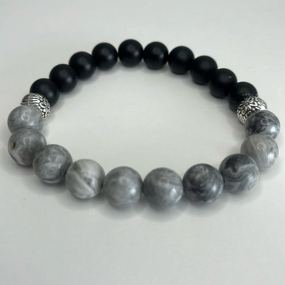 Handmade One of a Kind Black, Gray & White Beads with Silver Accent Bracelet - Picture 2 of 3